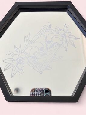 Black Hexagon Wall Mirror with Etched Skull Floral Design